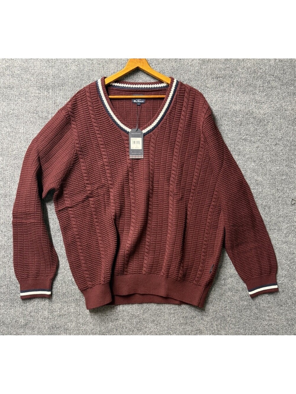 Ben Sherman Cable Knit V-Neck Cricket Sweater Wine Men’s XL NWT $99